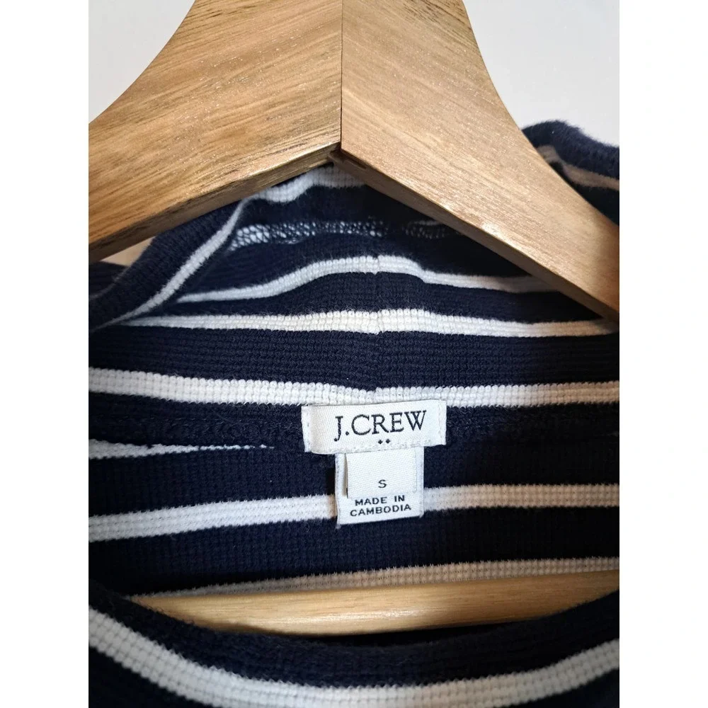 J Crew Beach Striped Funnelneck Sweatshirt Waffle Knit Cotton Navy Blue Pocket S